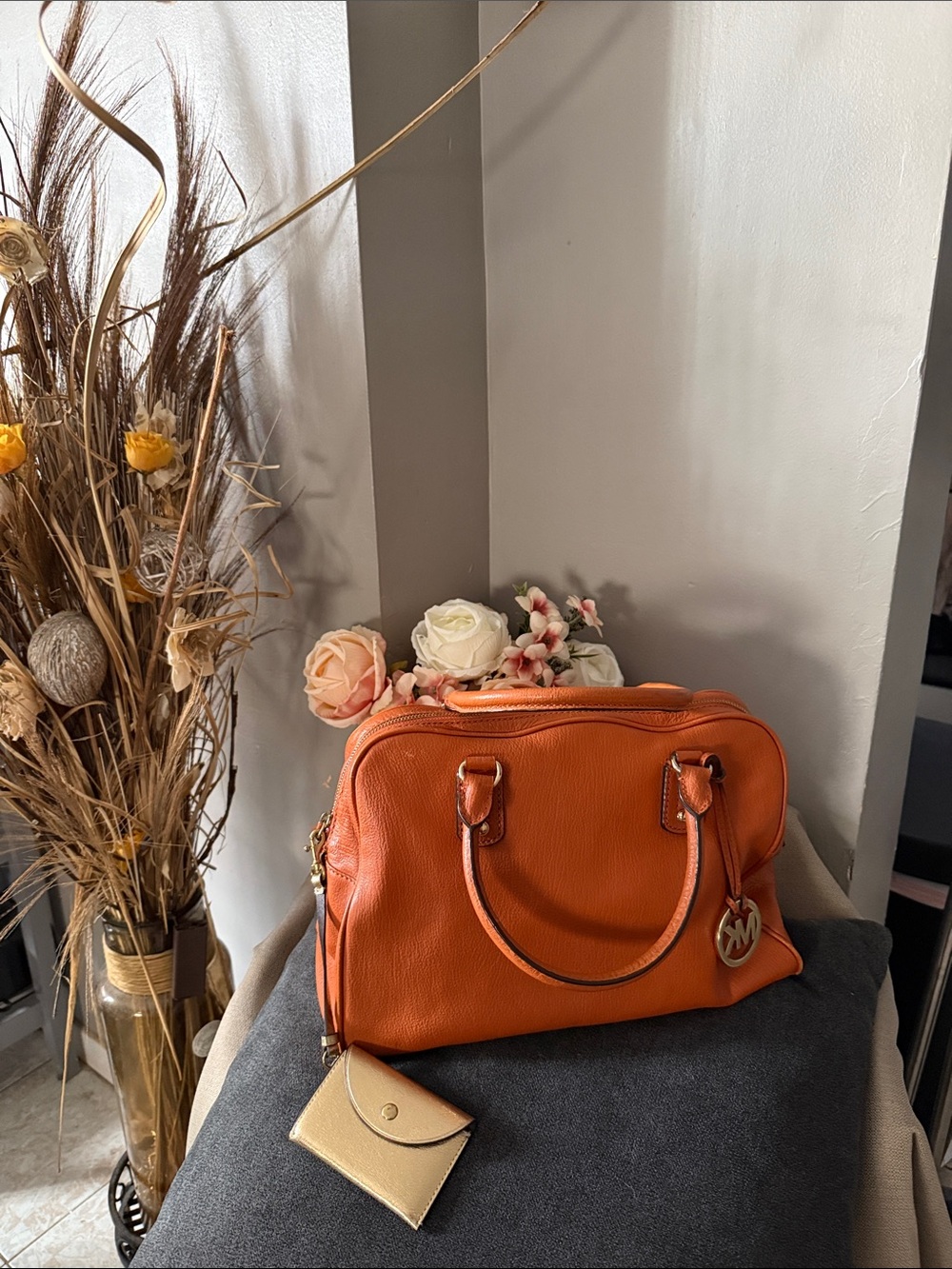 Michael Kors Orange Leather Satchel with Gold Hardware